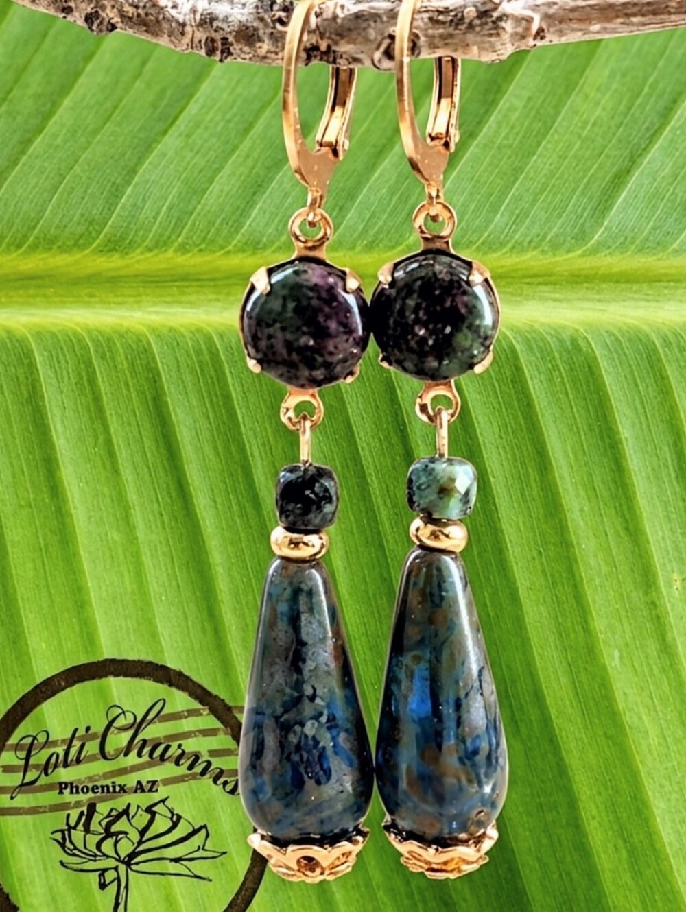 Victorian  Blue & Green Marble W/ Ruby On Zoisite In Gold Plated Earrings